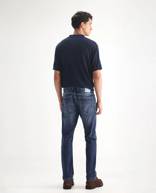 Rare Rabbit Men's Hawkins Light Blue Mid Wash Mid-Rise Distressed Slim Fit Jeans