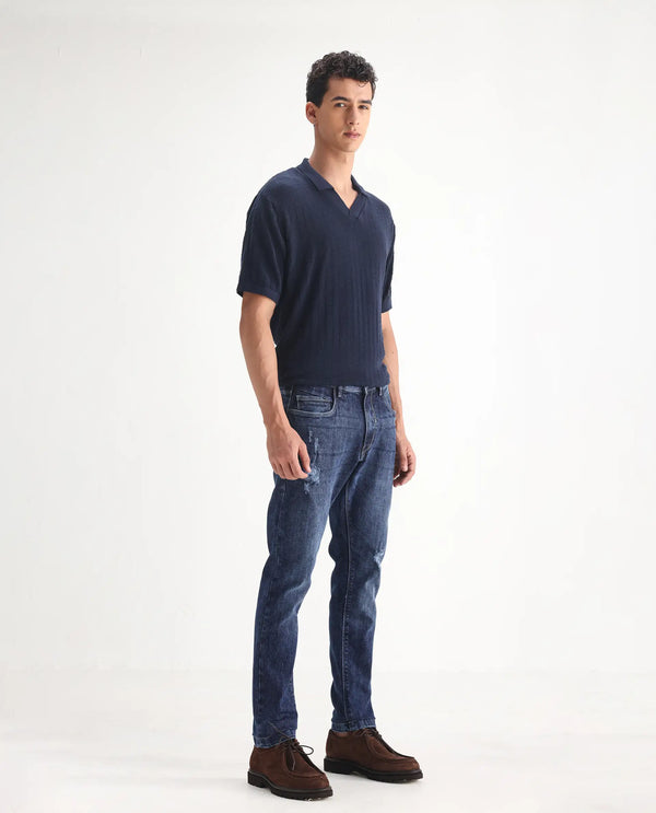 Rare Rabbit Men's Hawkins Light Blue Mid Wash Mid-Rise Distressed Slim Fit Jeans