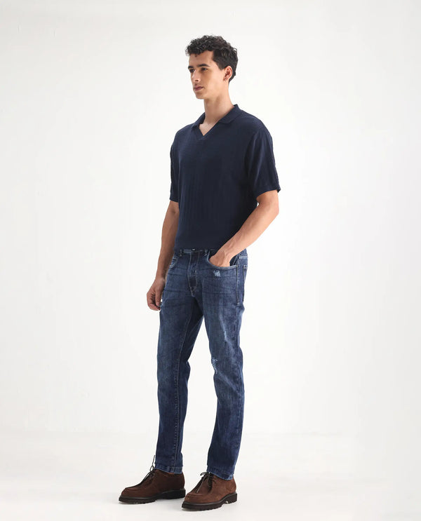 Rare Rabbit Men's Hawkins Light Blue Mid Wash Mid-Rise Distressed Slim Fit Jeans
