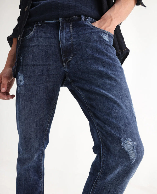 Rare Rabbit Men's Hawkins Light Blue Mid Wash Mid-Rise Distressed Slim Fit Jeans