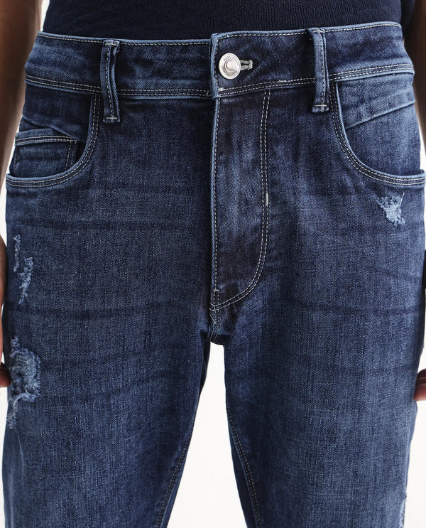 Rare Rabbit Men's Hawkins Light Blue Mid Wash Mid-Rise Distressed Slim Fit Jeans