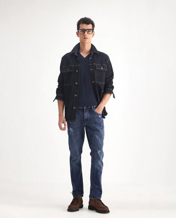 Rare Rabbit Men's Hawkins Light Blue Mid Wash Mid-Rise Distressed Slim Fit Jeans