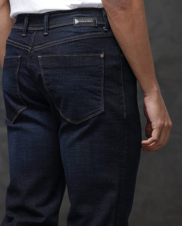 Rare Rabbit Men's Hayk Dark Blue Regular Fit Mid Rise Dark Wash With Cross Hatch Texture Jeans