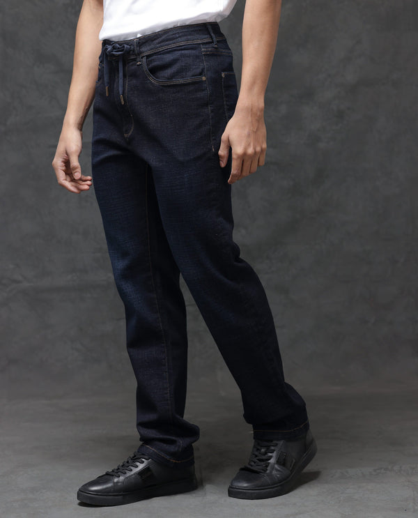 Rare Rabbit Men's Hayk Dark Blue Regular Fit Mid Rise Dark Wash With Cross Hatch Texture Jeans