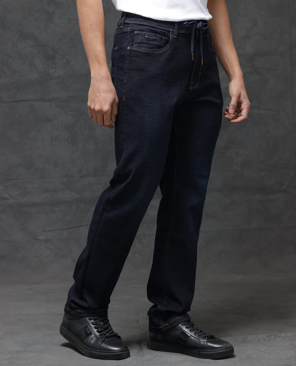 Rare Rabbit Men's Hayk Dark Blue Regular Fit Mid Rise Dark Wash With Cross Hatch Texture Jeans