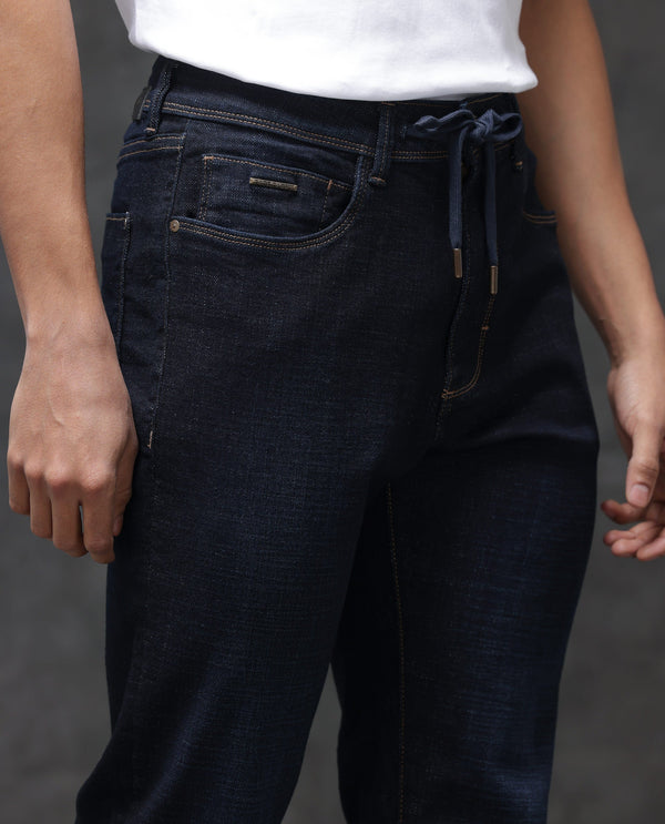 Rare Rabbit Men's Hayk Dark Blue Regular Fit Mid Rise Dark Wash With Cross Hatch Texture Jeans