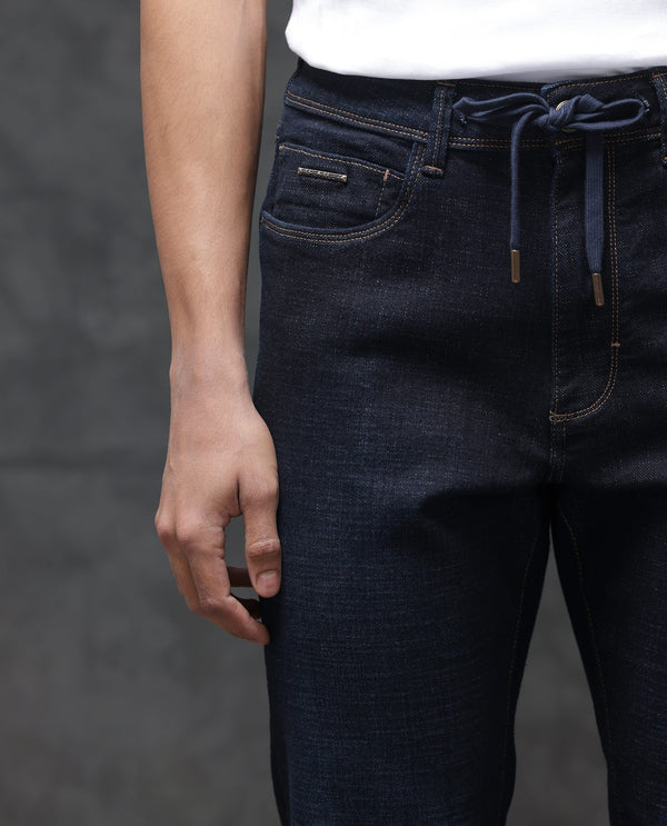 Rare Rabbit Men's Hayk Dark Blue Regular Fit Mid Rise Dark Wash With Cross Hatch Texture Jeans