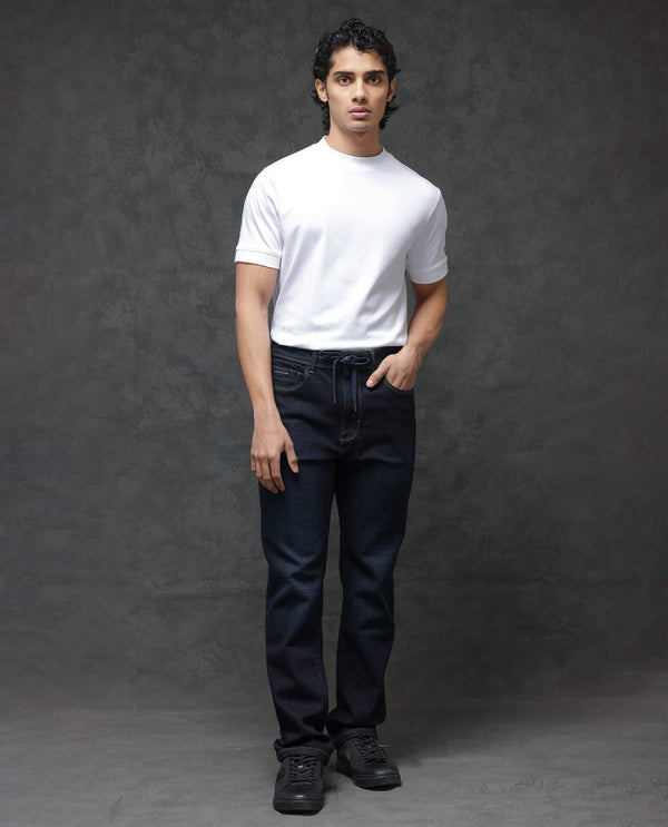 Rare Rabbit Men's Hayk Dark Blue Regular Fit Mid Rise Dark Wash With Cross Hatch Texture Jeans