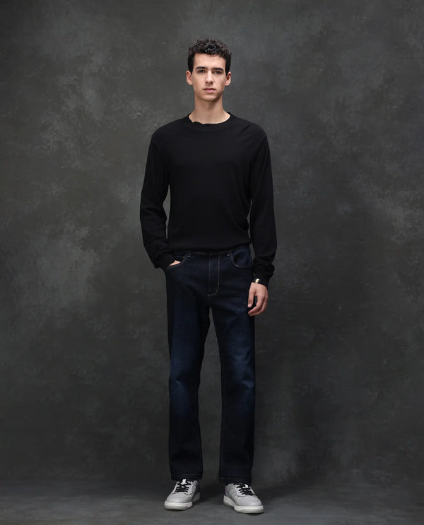 Rare Rabbit Men's Hayk Dark Blue Regular Fit Mid Rise Dark Wash With Cross Hatch Texture Jeans