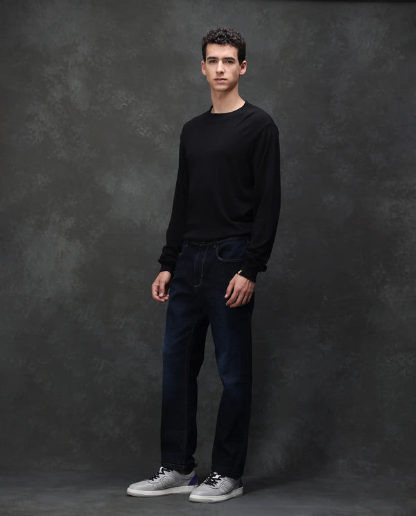 Rare Rabbit Men's Hayk Dark Blue Regular Fit Mid Rise Dark Wash With Cross Hatch Texture Jeans