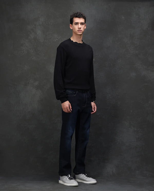 Rare Rabbit Men's Hayk Dark Blue Regular Fit Mid Rise Dark Wash With Cross Hatch Texture Jeans