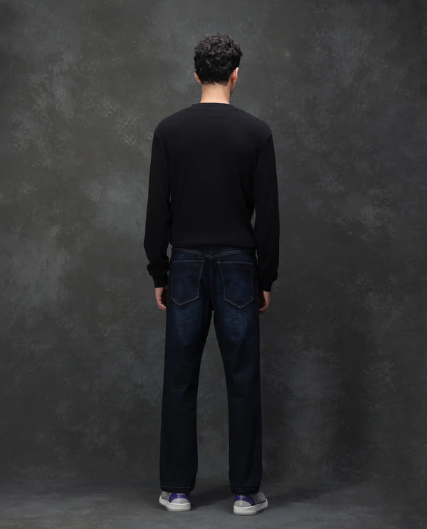 Rare Rabbit Men's Hayk Dark Blue Regular Fit Mid Rise Dark Wash With Cross Hatch Texture Jeans