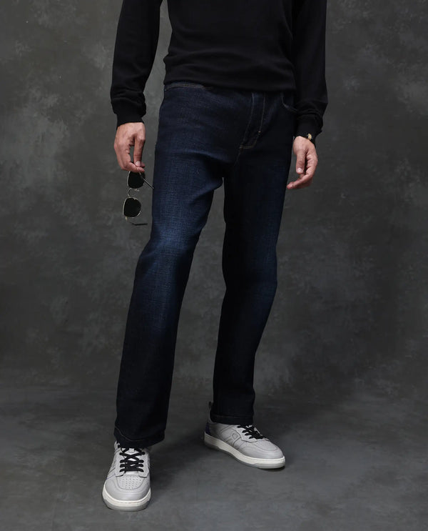 Rare Rabbit Men's Hayk Dark Blue Regular Fit Mid Rise Dark Wash With Cross Hatch Texture Jeans