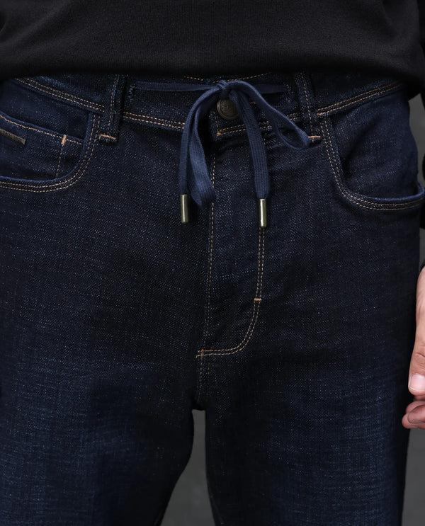 Rare Rabbit Men's Hayk Dark Blue Regular Fit Mid Rise Dark Wash With Cross Hatch Texture Jeans