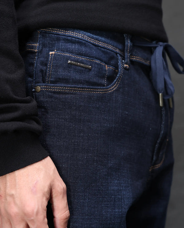 Rare Rabbit Men's Hayk Dark Blue Regular Fit Mid Rise Dark Wash With Cross Hatch Texture Jeans