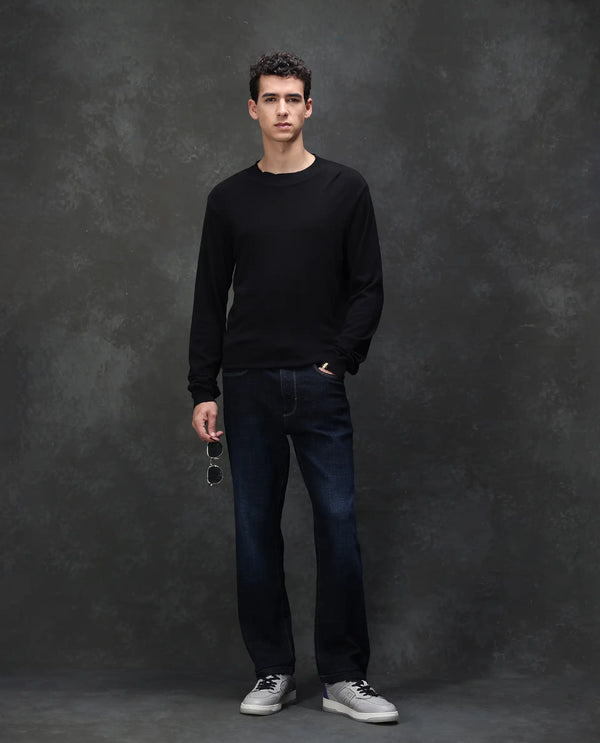 Rare Rabbit Men's Hayk Dark Blue Regular Fit Mid Rise Dark Wash With Cross Hatch Texture Jeans