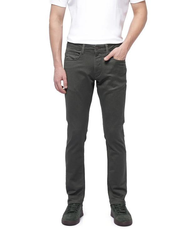 Rare Rabbit Men Hede Olive Cotton Spandex Fabric Slim Fit Plain Denim Pant