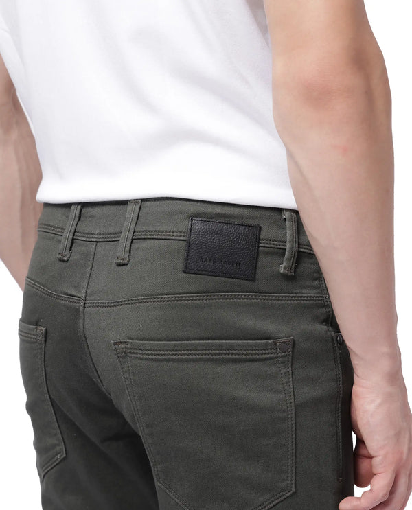Rare Rabbit Men Hede Olive Cotton Spandex Fabric Slim Fit Plain Denim Pant