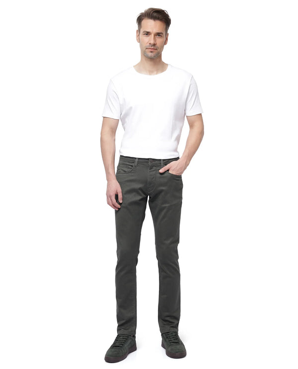 Rare Rabbit Men Hede Olive Cotton Spandex Fabric Slim Fit Plain Denim Pant