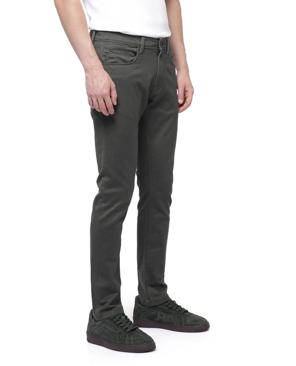 Rare Rabbit Men Hede Olive Cotton Spandex Fabric Slim Fit Plain Denim Pant