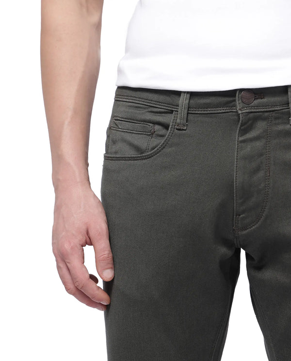 Rare Rabbit Men Hede Olive Cotton Spandex Fabric Slim Fit Plain Denim Pant