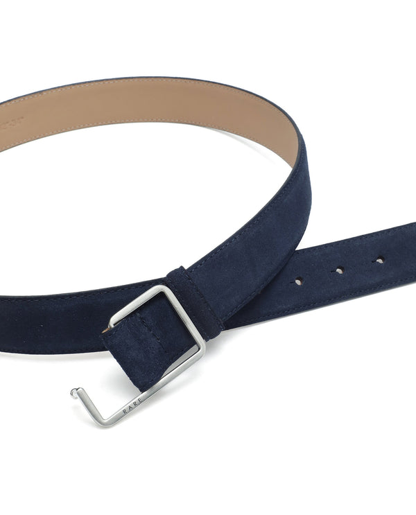 Rare Rabbit Men's Hedvig Blue Non-Reversible Push Ball Pin Buckle Suede Leather Belt