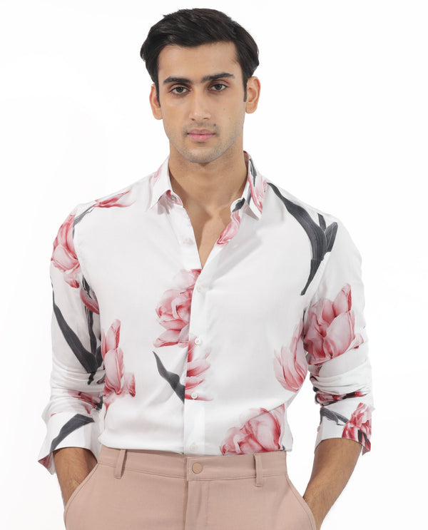 Rare Rabbit Mens Hegda White Viscose Fabric Full Sleeves Boxy Fit Floral Print Shirt