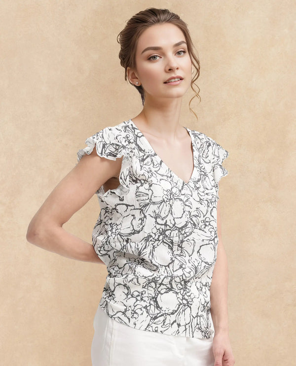 Rareism Women Helene-SC Light Ecru Viscose Ruffled Sleeves V-Neck Abstract Print Top