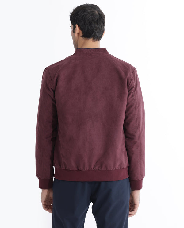 Rare Rabbit Men's Henron Dark Red Plain Suede Bomber Jacket