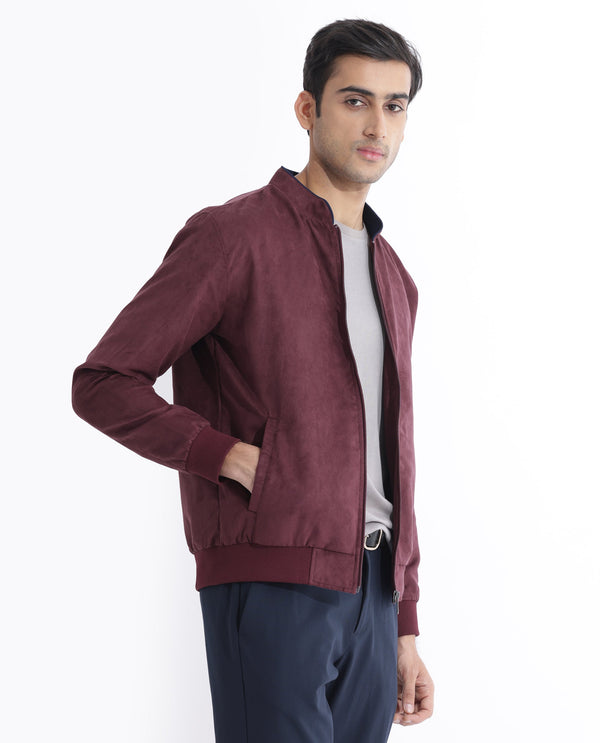 Rare Rabbit Men's Henron Dark Red Plain Suede Bomber Jacket