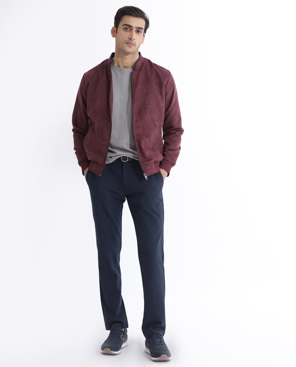 Rare Rabbit Men's Henron Dark Red Plain Suede Bomber Jacket
