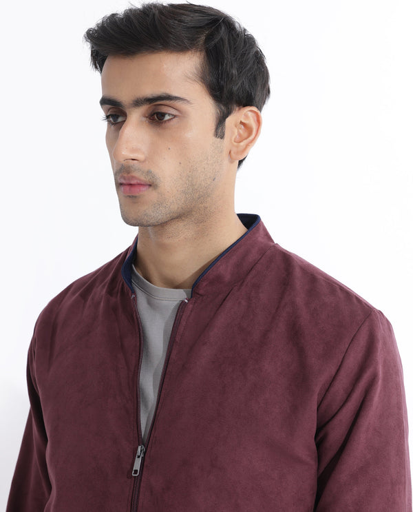 Rare Rabbit Men's Henron Dark Red Plain Suede Bomber Jacket