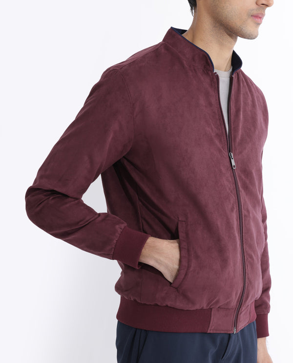 Rare Rabbit Men's Henron Dark Red Plain Suede Bomber Jacket
