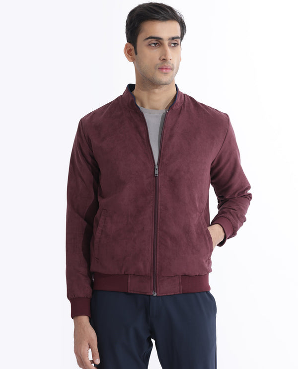Rare Rabbit Men's Henron Dark Red Plain Suede Bomber Jacket