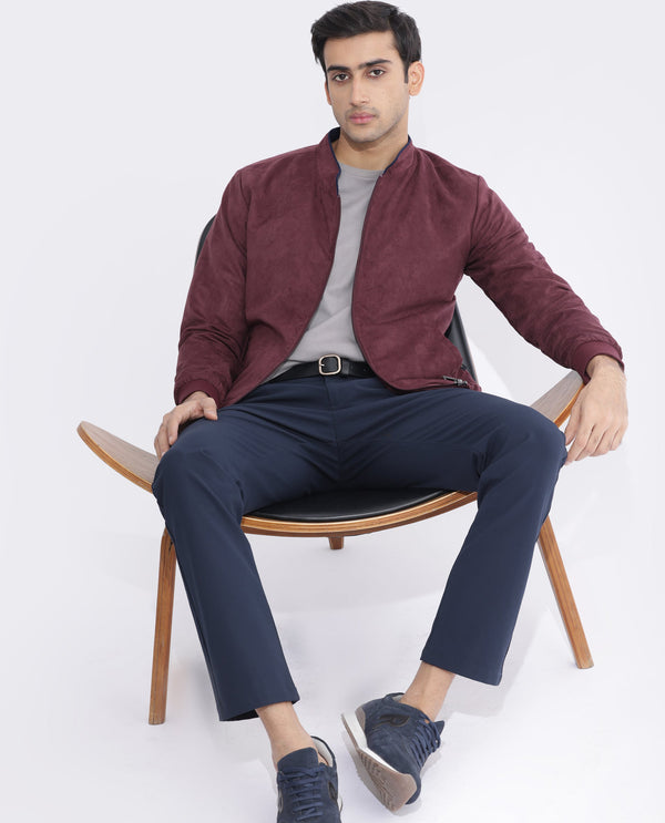 Rare Rabbit Men's Henron Dark Red Plain Suede Bomber Jacket
