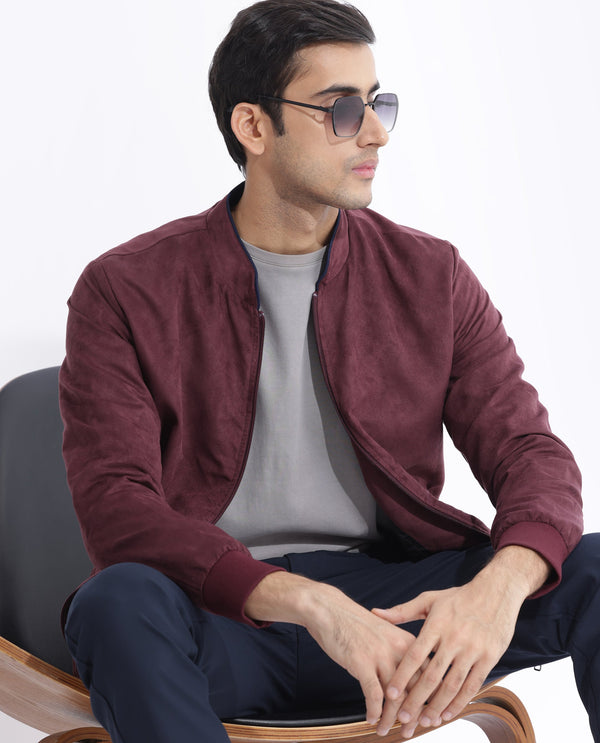 Rare Rabbit Men's Henron Dark Red Plain Suede Bomber Jacket