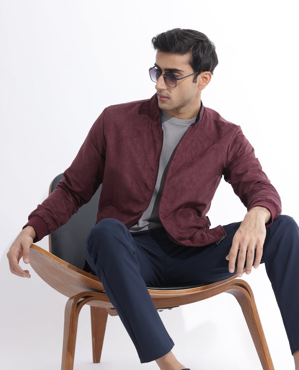 Rare Rabbit Men's Henron Dark Red Plain Suede Bomber Jacket