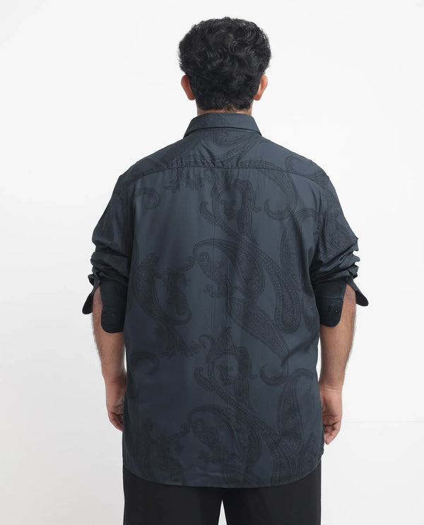 Rare Rabbit Men's Hera Blue Viscose Fabric Paisley Print Full Sleeves Shirt Plus Size
