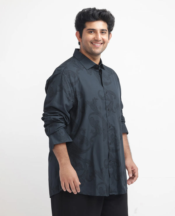 Rare Rabbit Men's Hera Blue Viscose Fabric Paisley Print Full Sleeves Shirt Plus Size