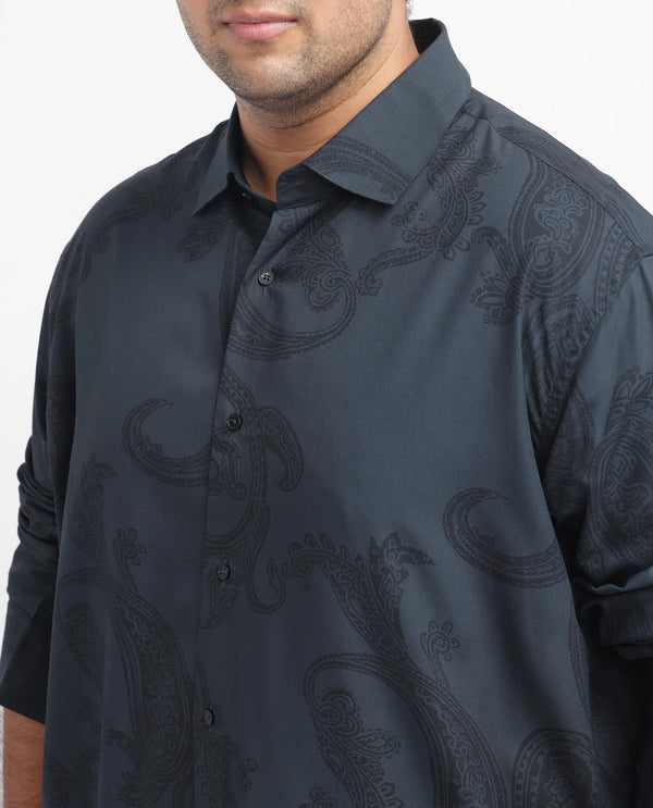 Rare Rabbit Men's Hera Blue Viscose Fabric Paisley Print Full Sleeves Shirt Plus Size