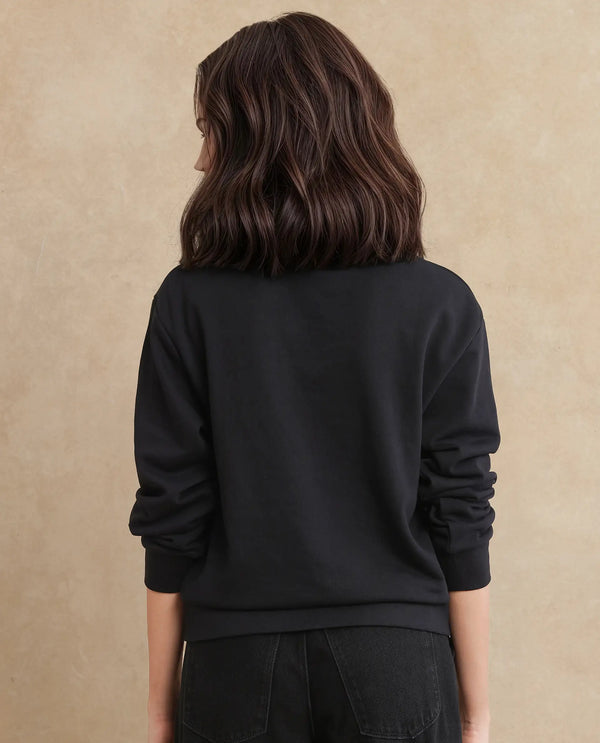 Rareism Women Herf Black Cotton Fabric Full Sleeve Relaxed Fit Plain Sweatshirt