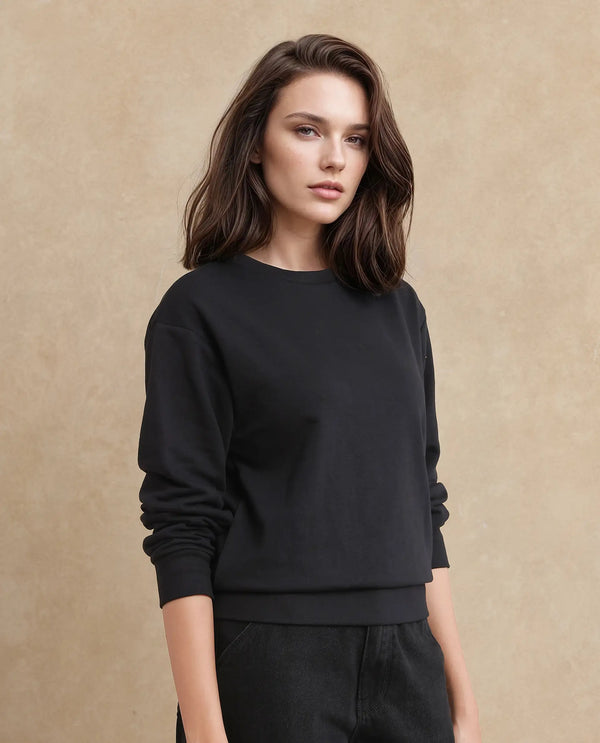 Rareism Women Herf Black Cotton Fabric Full Sleeve Relaxed Fit Plain Sweatshirt