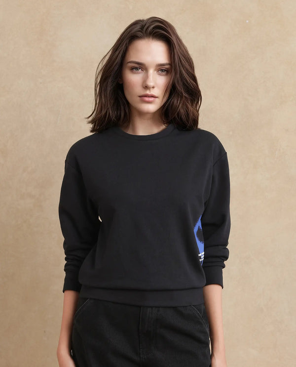 Rareism Women Herf Black Cotton Fabric Full Sleeve Relaxed Fit Plain Sweatshirt