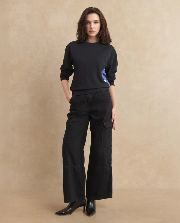 Rareism Women Herf Black Cotton Fabric Full Sleeve Relaxed Fit Plain Sweatshirt