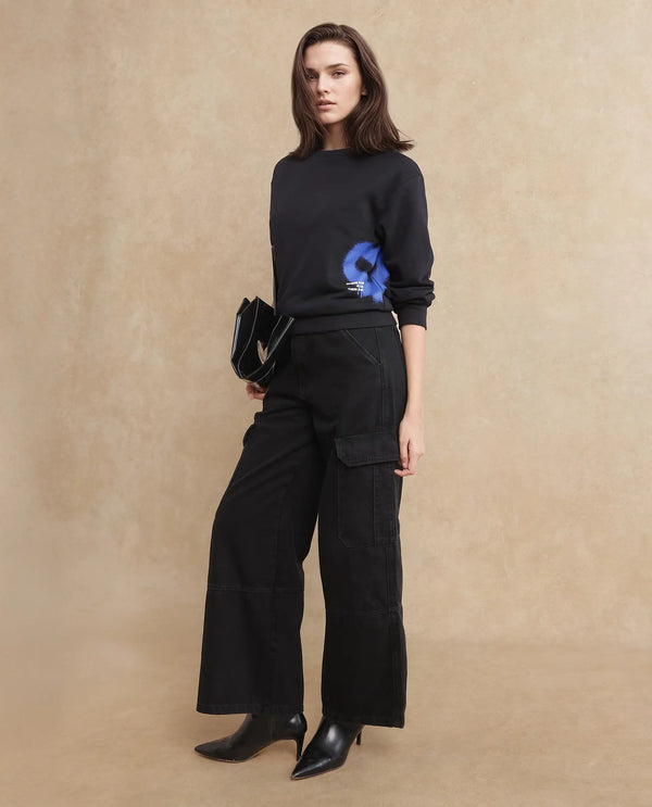 Rareism Women Herf Black Cotton Fabric Full Sleeve Relaxed Fit Plain Sweatshirt
