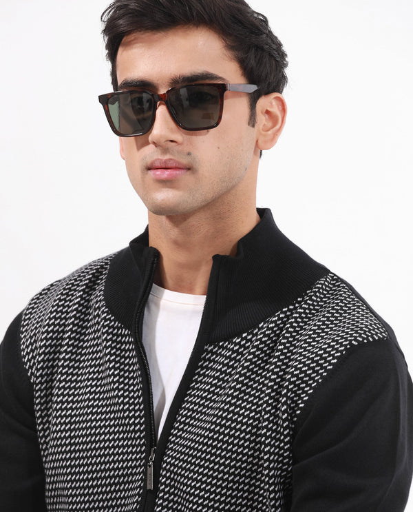 Rare Rabbit Mens Heritage Black Cotton Fabric Full Sleeve High Neck Jacquard Textured Sweater