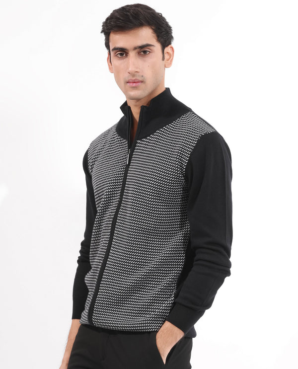Rare Rabbit Mens Heritage Black Cotton Fabric Full Sleeve High Neck Jacquard Textured Sweater