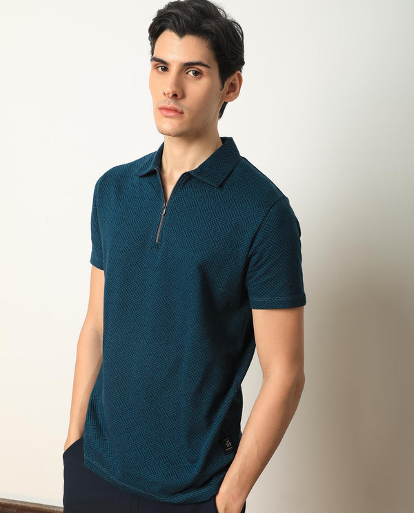 Rare Rabbit Men's Cabetta Navy Cotton Fabric Collared Neck Zipper Closure Half Sleeves Jacquard Polo T-Shirt