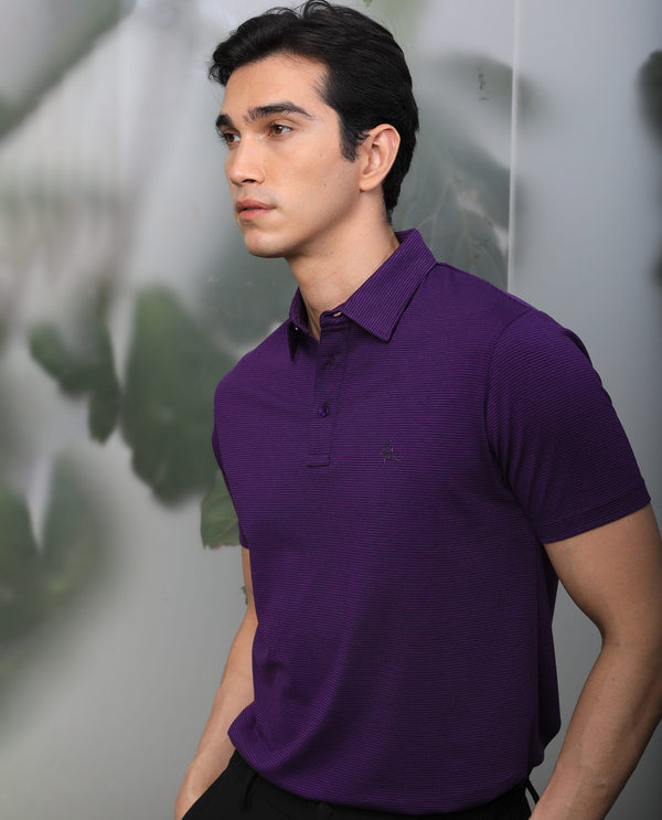 Rare Rabbit Men's Tunas Dark Purple Cotton Polyester Fabric Collared Neck Half Sleeves Striped Polo T-Shirt