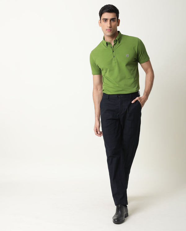 Rare Rabbit Men's Alvas Solid Navy Mid-Rise Regular Fit Trouser